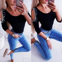 Sexy Off-shoulder Long Sleeve Beaded Slim Fit T-shirt 