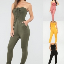 Sexy Strapless High Waist Solid Color Jumpsuit