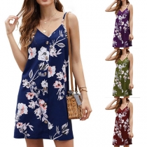 Sexy V-neck Single-Breasted Printed Sling Dress