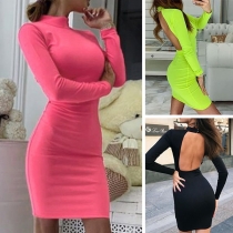 Sexy Backless Long Sleeve Mock Neck Solid Color Tight Dress