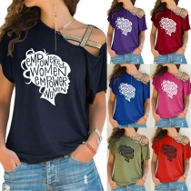 Sexy Oblique Shoulder Letters Printed Loose T-Shirt