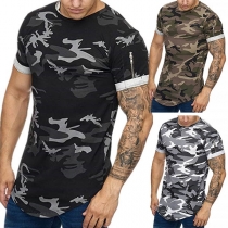 Casual Round Neck Zipper Sleeve Camouflage Printed Man's T-Shirt