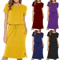 Fashion Round Neck Short Sleeve Drawstring Waist Solid Color Dress