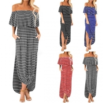 Sexy Boat Neck Slit Hem High Waist Striped Dress