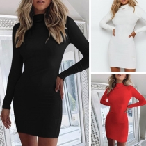 Sexy Backless Long Sleeve Mock Neck Tight Dress