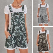 Fashion High Waist Loose Camouflage Printed Overalls Shorts 
