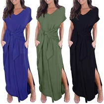 Elegant Solid Color Short Sleeve Slit Hem Lace-up Dress