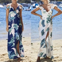 Sexy Off-shoulder Slit Hem Printed Sling Maxi Dress