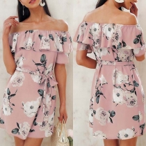 Sexy Ruffle Boat Neck Slim Fit Printed Dress