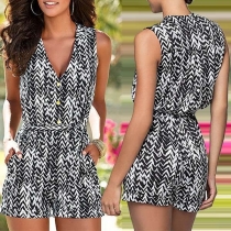 Sexy V-neck Sleeveless High Waist Printed Romper 