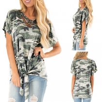 Fashion V-neck Short Sleeve Knotted Hem Camouflage Printed T-shirt 