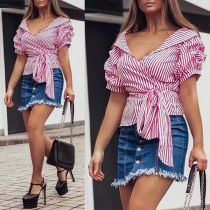 Fashion Short Sleeve V-neck Striped Top 
