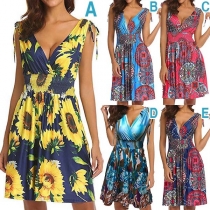 Sexy V-neck Sleeveless High Waist Printed Dress