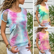 Fashion Hollow Out Short Sleeve Tie-dye Printed T-shirt