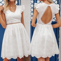 Sexy Backless V-neck Sleeveless Hollow Out Lace Dress