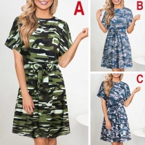 Fashion Camouflage Printed Short Sleeve Round Neck Dress