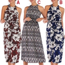 Sexy Off-shoulder High Waist Printed Halter Dress