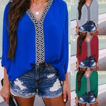 Fashion Printed Spliced V-neck 3/4 Sleeve Blouse