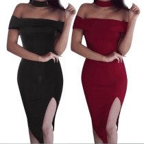 Sexy Off-shoulder Boat Neck Slit Hem Halter Party Dress