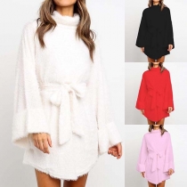 Fashion Solid Color Long Sleeve Turtleneck Knit Dress