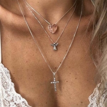 Fashion Heart Cross Pendant Three-layer Necklace