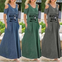 Sexy Off-shoulder Short Sleeve Round Neck Letters Printed Dress