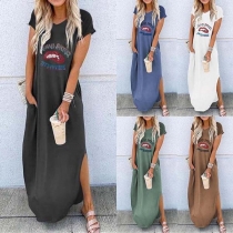 Fashion Short Sleeve Round Neck Slit Hem Printed Dress