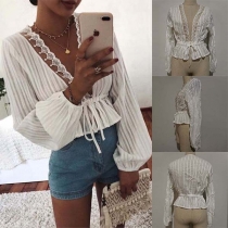 Sexy Lace Spliced Deep V-neck Long Sleeve Lace-up Waist Top