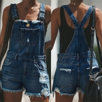 Fashion High Waist Frayed Hem Denim Overalls Shorts
