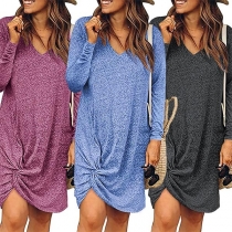 Fashion Solid Color Long Sleeve V-neck Twisted Hem Dress