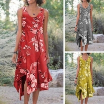 Fashion Sleeveless V-neck Irregular Hem Printed Dress