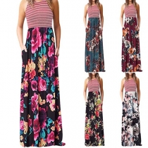 Fashion Striped Spliced Sleeveless Printed Maxi Dress