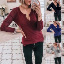 Fashion Solid Color Long Sleeve V-neck Knit Top