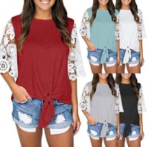 Fashion Lace Spliced Half Sleeve Knotted Hem T-shirt