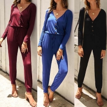 Elegant Solid Color Long Sleeve V-neck Jumpsuit