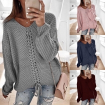Fashion Long Sleeve V-neck Drawstring Knit Top