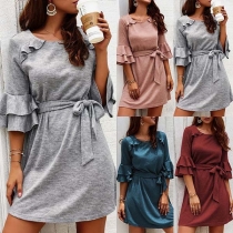 Fashion 3/4 Sleeve Round Neck Solid Color Dress