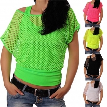 Fashion Dolman Sleeve Hollow Out Gauze Spliced Mock Two-piece T-shirt