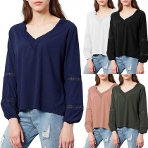 Fashion Hollow Out Spliced Long Sleeve V-neck Loose Top