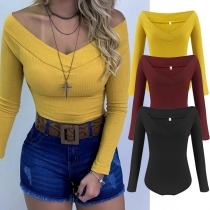 Sexy V-neck Long Sleeve Solid Color Slim Fit Bodysuit
