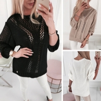 Fashion Solid Color Long Sleeve Round Neck Hollow Out Knit Top 