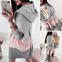 Fashion Contrast Color Long Sleeve Hooded Knit Cardigan 