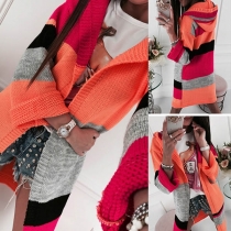 Fashion Contrast Color Long Sleeve Hooded Knit Cardigan