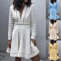 Sexy V-neck Long Sleeve High Waist Hollow Out Dress