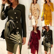 Sexy V-neck Slit Hem Front-button Long Sleeve Knit Dress