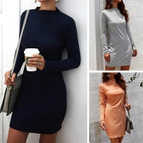 Fashion Solid Color Long Sleeve Round Neck Knit Dress 