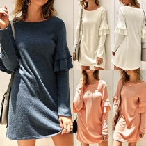 Fashion Solid Color Long Sleeve Round Neck Dress