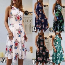 Sexy Off-shoulder Round Neck High Waist Printed Dress