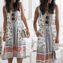 Fashion Sleeveless V-neck Drawstring Waist Printed Dress