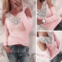 Sexy Off-shoulder Long Sleeve Lace Spliced V-neck T-shirt 
